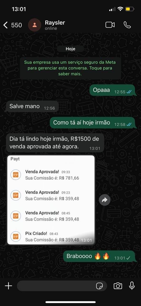 Conversa no WhatsApp com notificações de vendas aprovadas somando R$ 1.500 em um dia